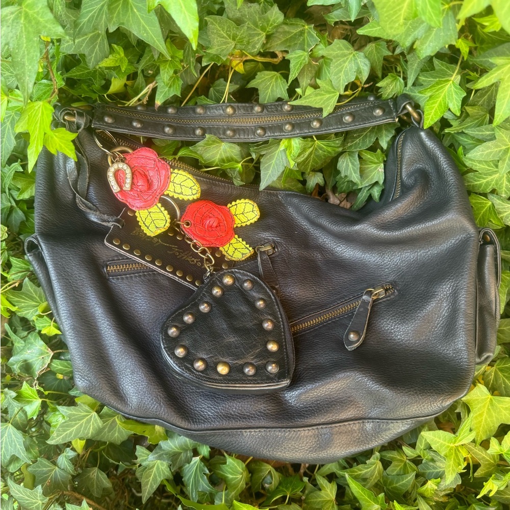 Vintage Betsey Johnson Leather Hobo Bag with Red Roses